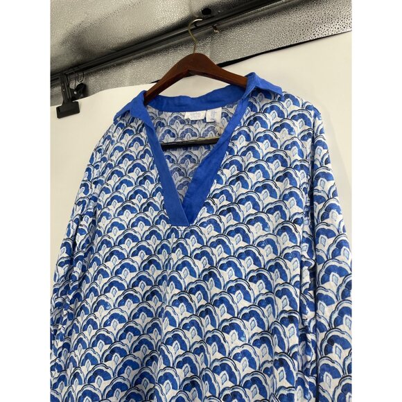 NWT Sigrid Olsen Womens Medium Blue White Linen Top Scallop Print Coastal Preppy - Picture 5 of 7